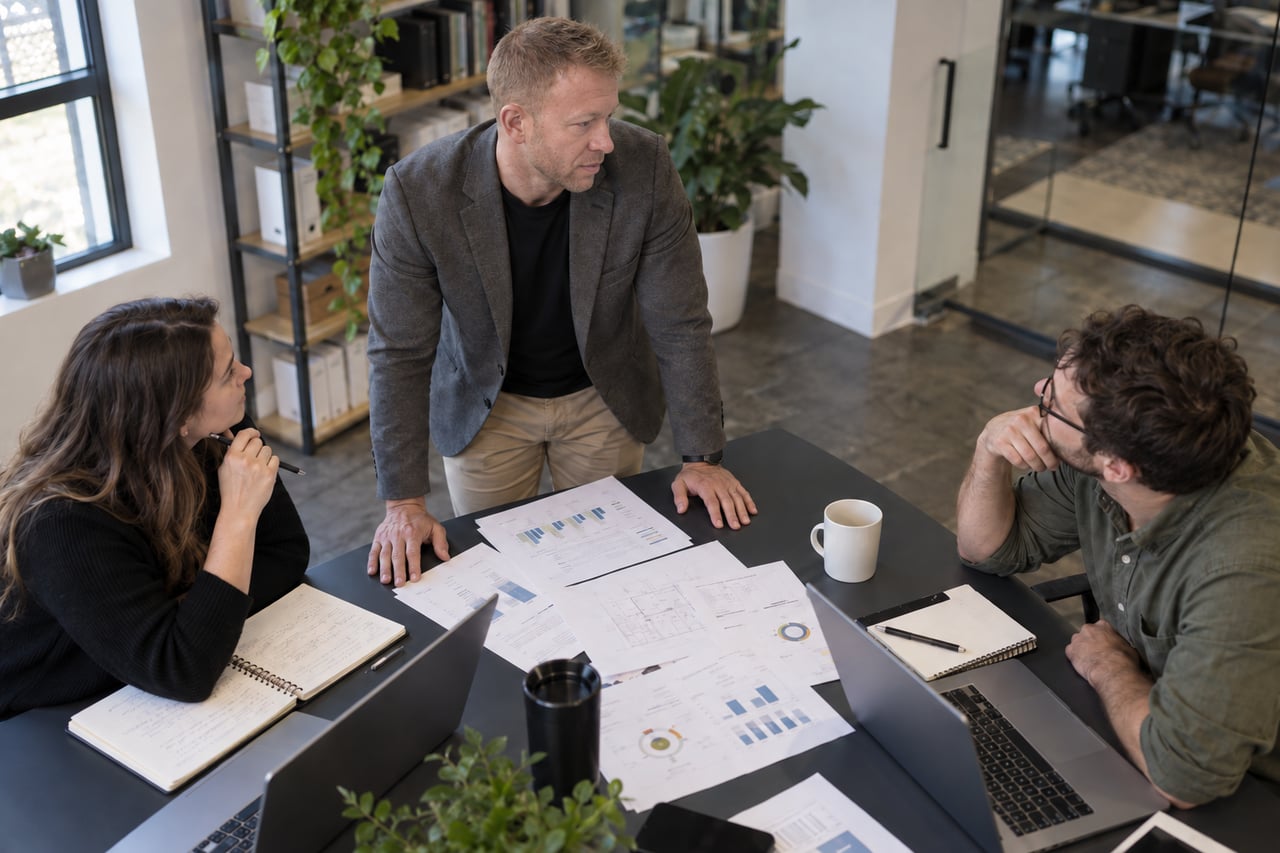 Edited/generated editorial scene of Garrit and colleagues reviewing plans around a table.